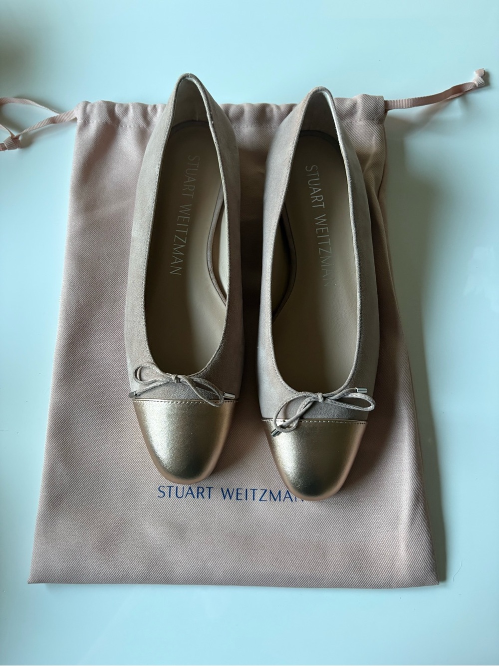 New Stuart Weitzman Taupe Suede Ballet Flats with Gold Cap Toe /Rouse Pink/Spain